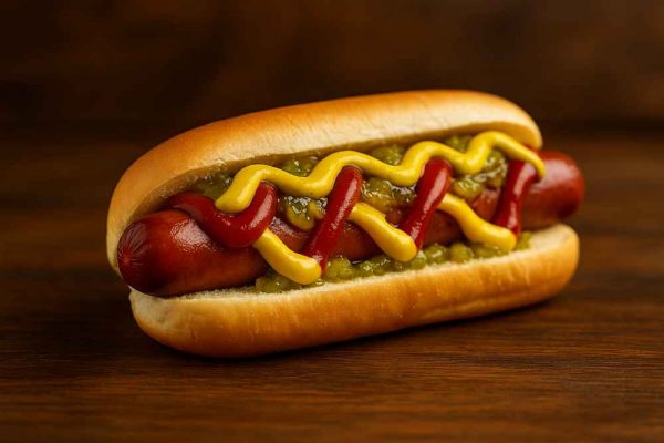 American-style hotdog topped with ketchup, mustard and relish, showing a classic combination for German sausage toppings inspiration