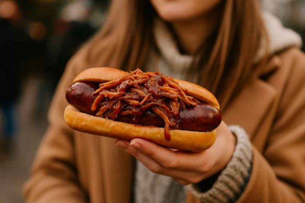 BBQ pulled pork hotdog with German sausage toppings held by a young woman