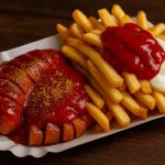 Berlin Currywurst with curry ketchup and curry powder served with crispy chips topped with ketchup and mayonnaise