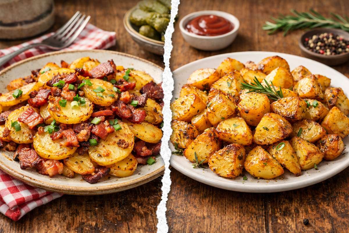 Bratkartoffeln with bacon vs roasted potatoes, side-by-side on a wooden table with a torn split-screen effect