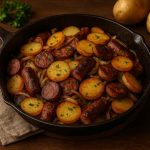 Bratwurst and potato skillet with crispy fried potatoes, sliced Bratwurst and onions served in a rustic cast-iron pan