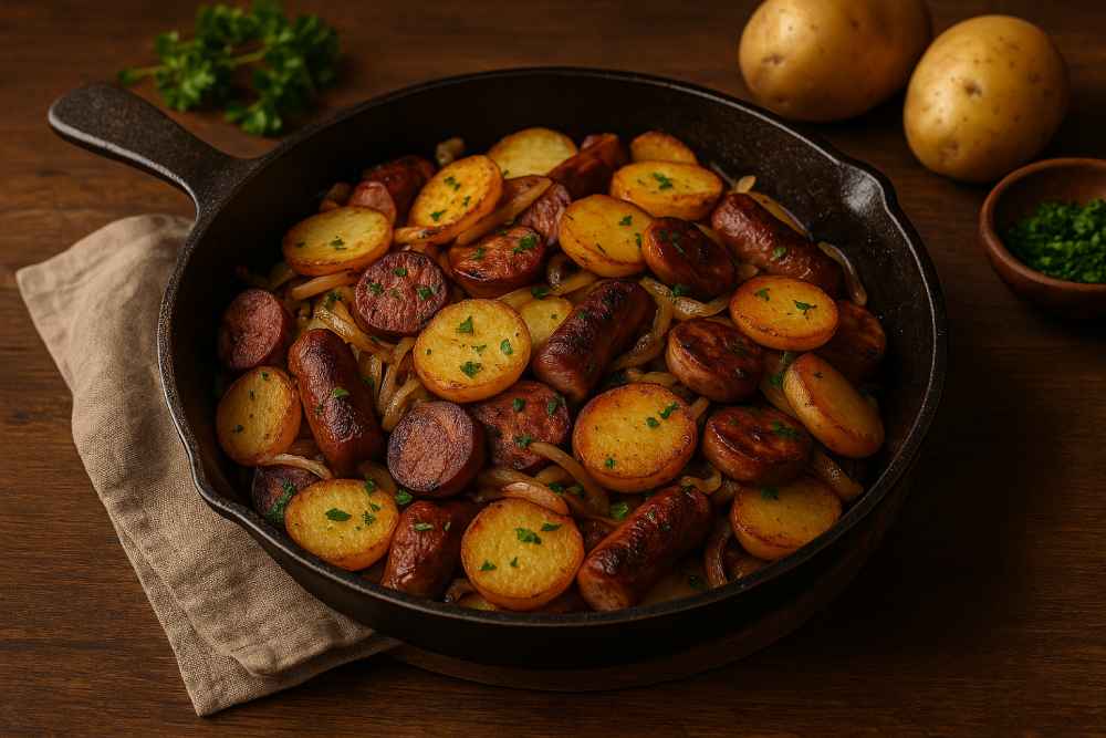 Bratwurst and potato skillet with crispy fried potatoes, sliced Bratwurst and onions served in a rustic cast-iron pan