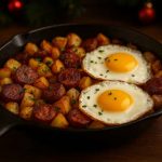 Bratwurst breakfast hash with crispy potatoes, sliced Bratwurst and two sunny-side-up fried eggs in a cast-iron skillet