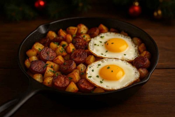 Bratwurst breakfast hash with crispy potatoes, sliced Bratwurst and two sunny-side-up fried eggs in a cast-iron skillet