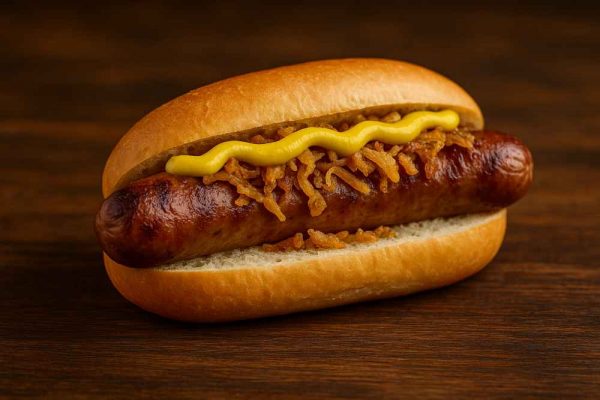 German sausage toppings on a Bratwurst in a soft bun topped with crispy fried onions and classic German mustard on a wooden table