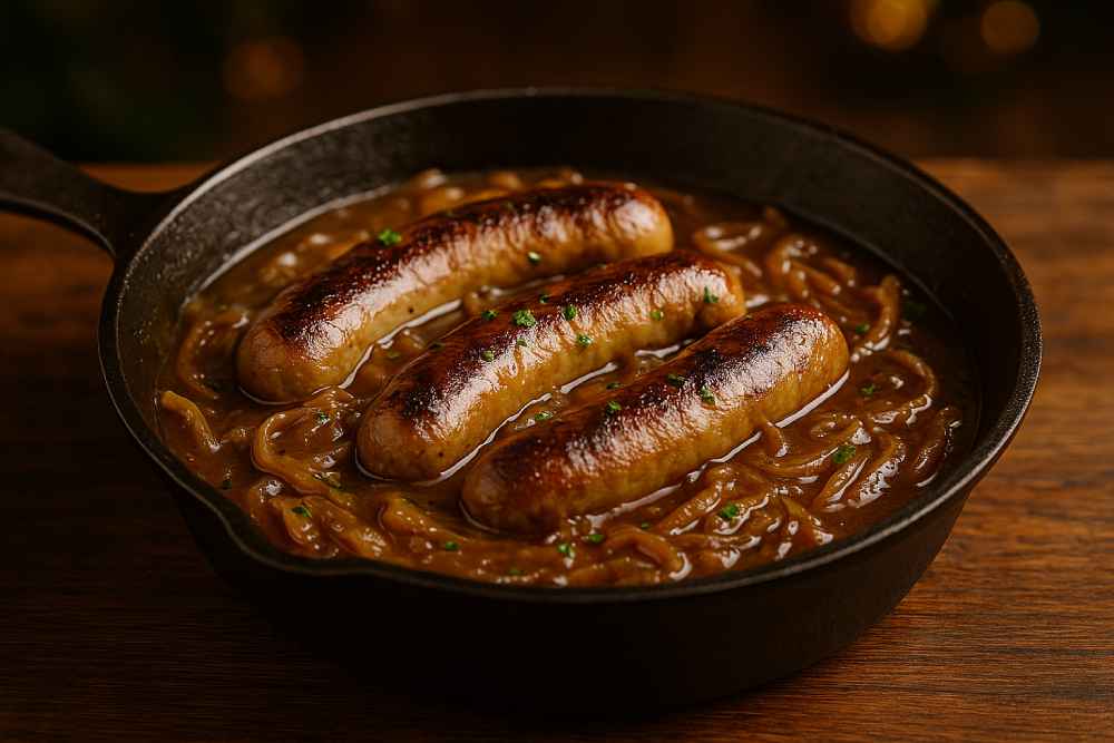Bratwurst in beer and onion gravy served in a rustic cast-iron skillet with caramelised onions and fresh herbs
