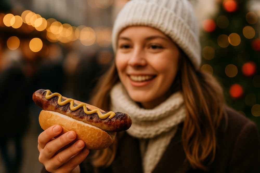 Young woman holding a Bratwurst in a Brötchen with mustard on top at a Christmas market in a winter setting, festive lights in the background