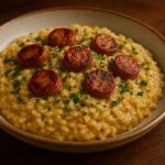 Creamy Bratwurst risotto topped with golden Bratwurst slices and fresh parsley in a rustic ceramic bowl