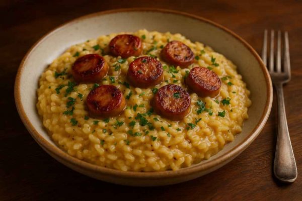Creamy Bratwurst risotto topped with golden Bratwurst slices and fresh parsley in a rustic ceramic bowl