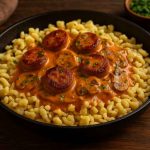 Bratwurst Stroganoff with mushrooms and paprika cream served over Spätzle in a rustic cast-iron skillet, garnished with parsley