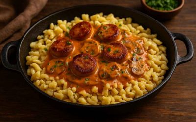 Bratwurst Stroganoff with Mushrooms & Paprika Cream