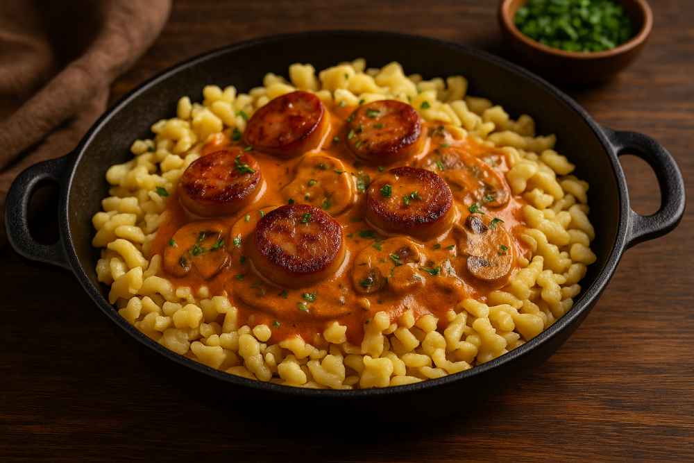 Bratwurst Stroganoff with mushrooms and paprika cream served over Spätzle in a rustic cast-iron skillet, garnished with parsley