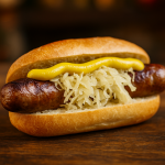 Classic grilled Bratwurst served in a fresh Brötchen with sauerkraut and German mustard on top