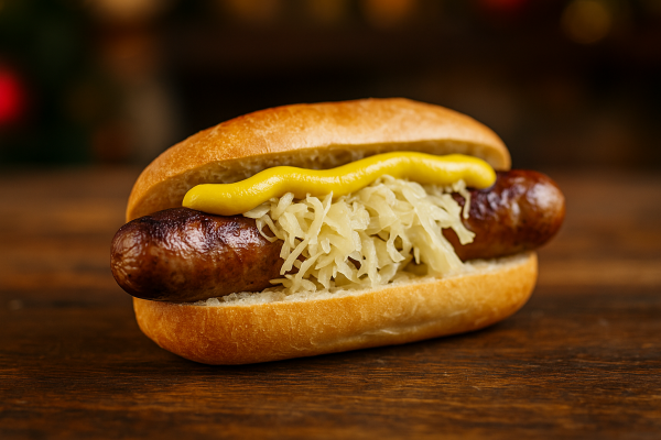 Classic grilled Bratwurst served in a fresh Brötchen with sauerkraut and German mustard on top