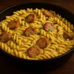 Creamy Bratwurst pasta in a skillet with sliced Bratwurst, mustard cream sauce and fresh herbs