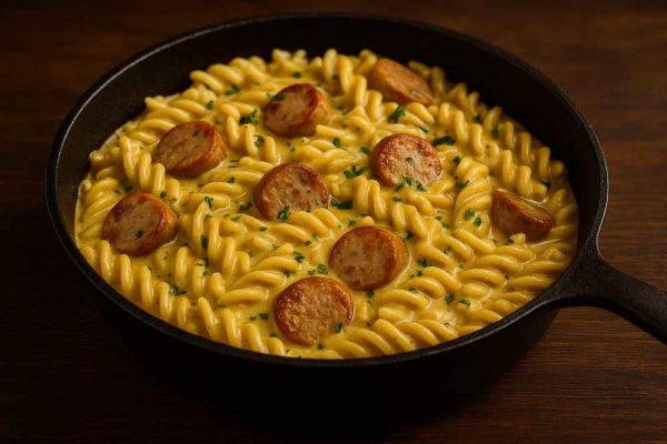 Creamy Bratwurst pasta in a skillet with sliced Bratwurst, mustard cream sauce and fresh herbs