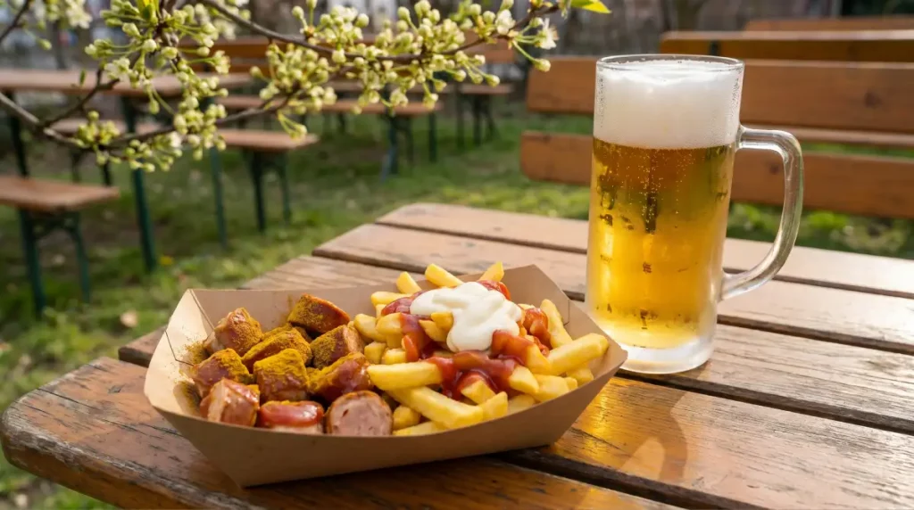 Currywurst with chips, ketchup, mayonnaise and curry powder served in a cardboard tray on a spring beer garden table with a glass of pilsner
