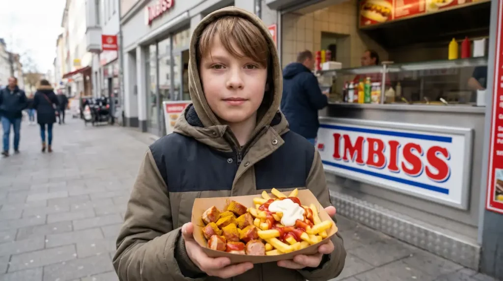 German boy holding a cardboard tray of currywurst pieces with ketchup, curry powder, chips, mayonnaise and ketchup in front of an Imbiss stand