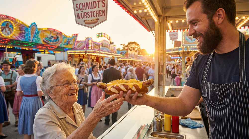 Food stall vendor serving German hotdogs to a customer at a busy festival with fairground lights at sunset.