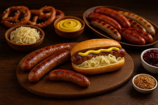 German sausage platter with grilled Bratwurst, sauerkraut, mustard, pretzels and a Bratwurst in a bun on a rustic wooden table for German Bratwurst recipes