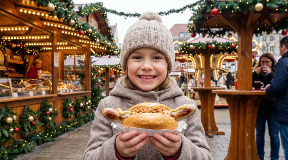 German sausage toppings on a Christmas market hotdog, held by a smiling child in a festive outdoor market