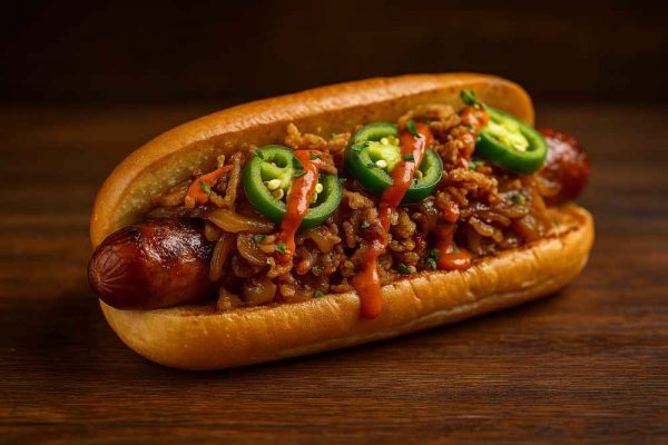 Gourmet German sausage hot dog topped with jalapeños, crispy onions and spicy sauce