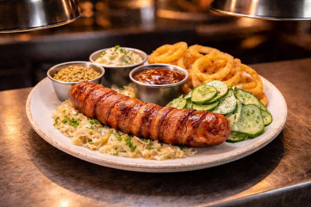 German sausages pub-style bacon frankfurter on a kitchen pass under warming lights with sauerkraut, cucumber salad, crispy onion rings and three dipping sauces.