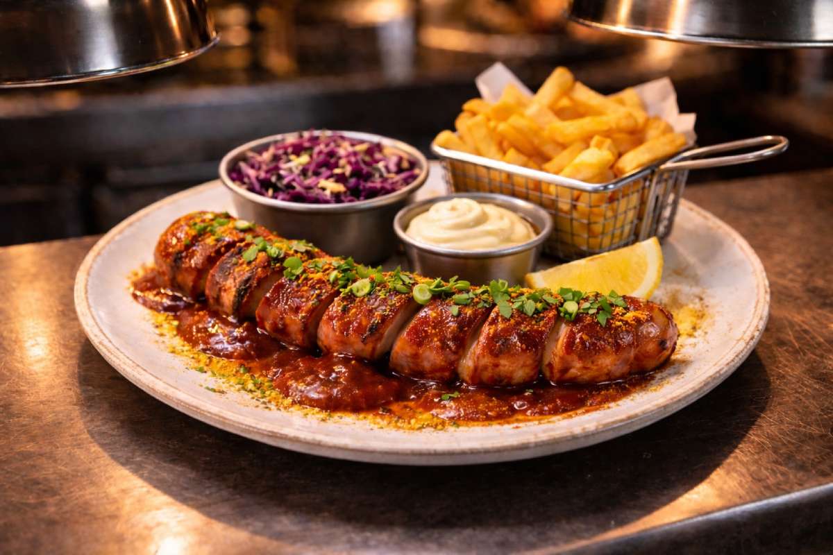 German sausages Berlin-style currywurst served on a kitchen pass under warming lights with curry ketchup, coriander, sliced spring onions, fries and mayonnaise.