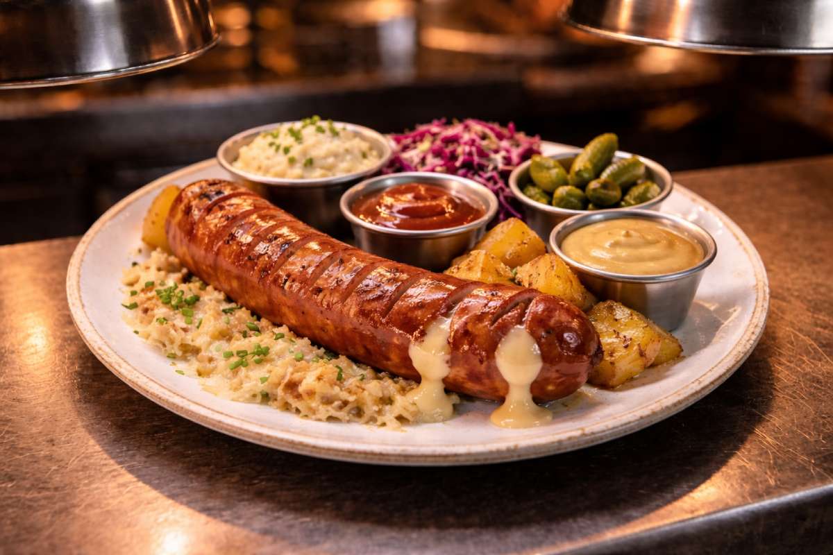 German sausages pub-style cheese frankfurter with melted cheese leak, sauerkraut, roasted potatoes, red cabbage slaw, gherkins and dipping sauces under kitchen pass warming lights.