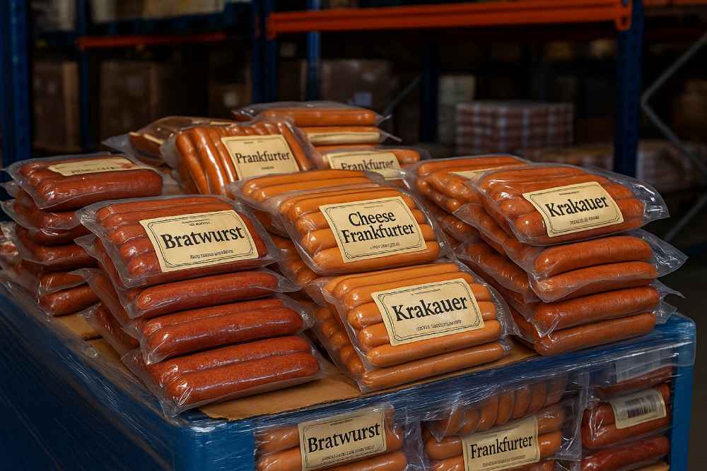German sausages for UK wholesalers stacked in bulk on pallets, including Bratwurst, Frankfurters and Krakauer in vacuum-sealed packs