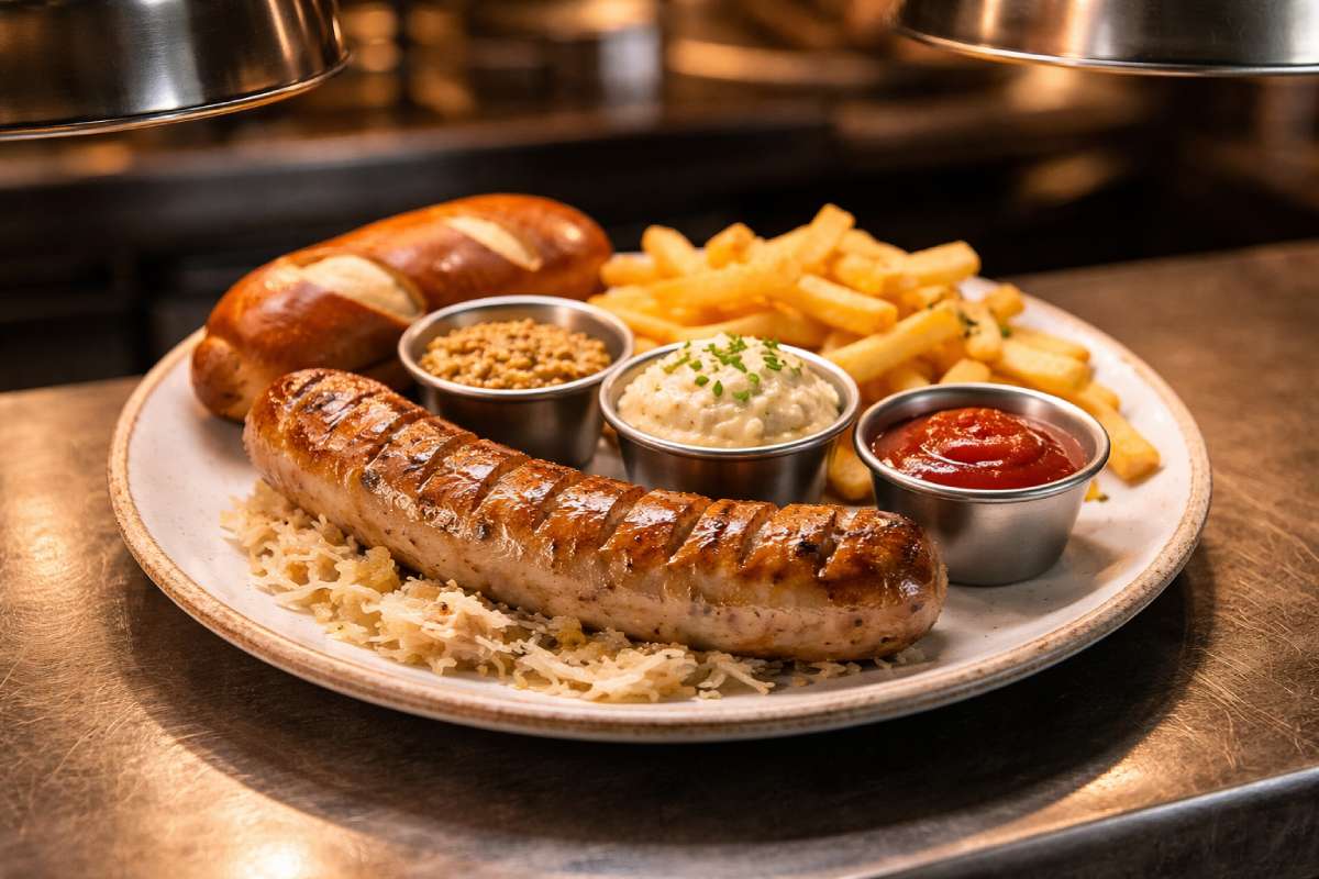 German sausages pub-style bratwurst plate with sauerkraut, chips, mustard, creamy potato salad and ketchup under kitchen pass warming lights.