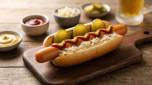 Classic jumbo hot dog in a soft roll with mustard, ketchup, diced onions, sauerkraut and pickle slices on a wooden board