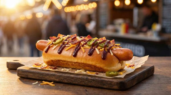 Loaded Sausage Haus jumbo hot dog in a brioche bun with crispy bacon, jalapeños, grated cheese and BBQ sauce on a wooden board at a street food market