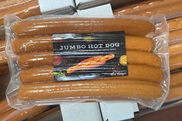 Jumbo Pork Hot Dog pack by The Sausage Haüs on Costco UK shelves — authentic German pork frankfurters with beechwood smoke.
