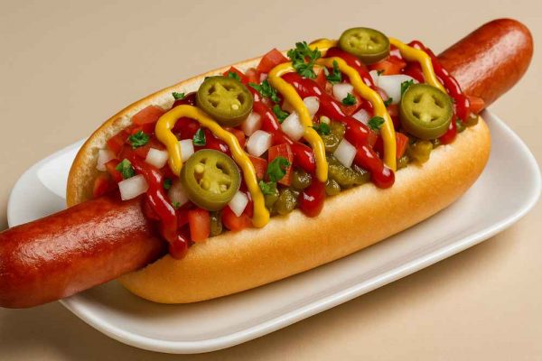 Fully loaded jumbo pork hot dog by The Sausage Haüs — authentic German-style sausage with ketchup, mustard, onions, and jalapeños, now available at Costco UK.