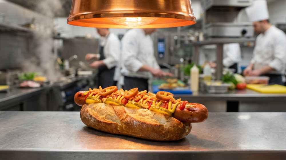 Jumbo Pork Hot Dog in a crusty bun with mustard and ketchup, sitting under a heat lamp on the kitchen pass