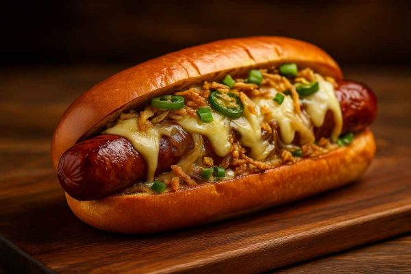 Gourmet jumbo pork hotdog in a brioche bun with melted cheese and crispy German sausage toppings