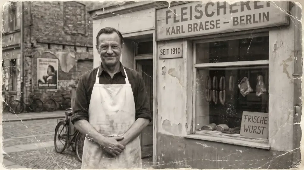 Black and white 1948-style photograph of Berlin butcher Karl Braese standing outside his Fleischerei shop in post-war Germany.