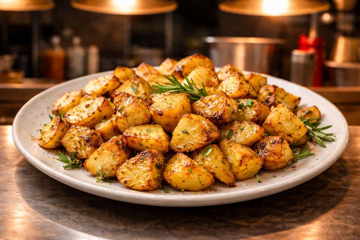 Plate of crispy roasted potatoes with rosemary and herbs under pub kitchen heating lamps