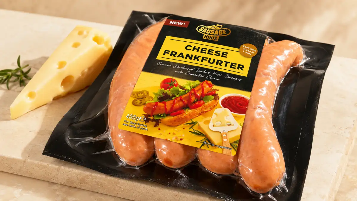 The Sausage Haüs Cheese Frankfurter pack with Emmental cheese, shown as a premium product photo and available at Farmfoods for consumer customers.