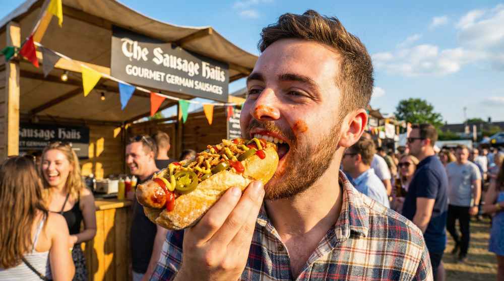 Customer taking a bite of a German hotdog in front of The Sausage Haüs festival food stall