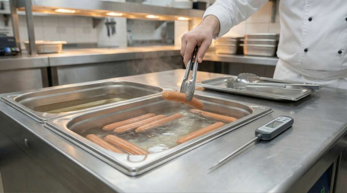 Chef warming Sausage Haus jumbo hot dogs in a stainless bain-marie in a commercial kitchen with a probe thermometer on the counter