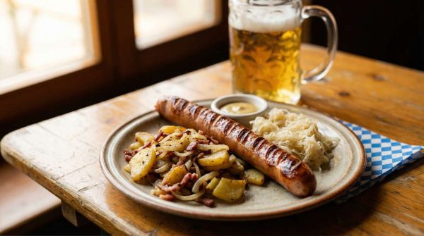 Sausage Haus jumbo hot dog with grill marks served bunless with Bratkartoffeln and sauerkraut on a rustic pub plate with a lager stein