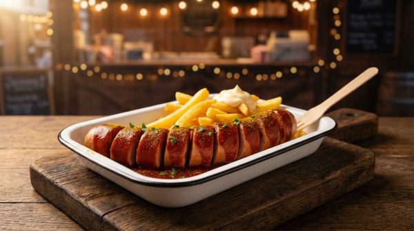 Sausage Haus jumbo hot dog sliced currywurst style with warm curry ketchup sauce and curry powder, served with fries in an enamel tray