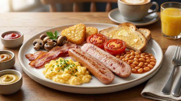 Sausage Haus jumbo hot dog sliced lengthwise served as a full English breakfast with scrambled eggs, streaky bacon, baked beans, mushrooms, roasted tomatoes, hash browns and sourdough toast