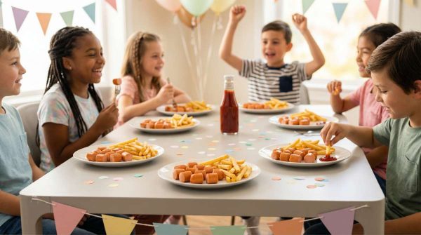 Six kids at a decorated party table eating Sausage Haus jumbo hot dog pieces with fries, with a ketchup bottle in the centre