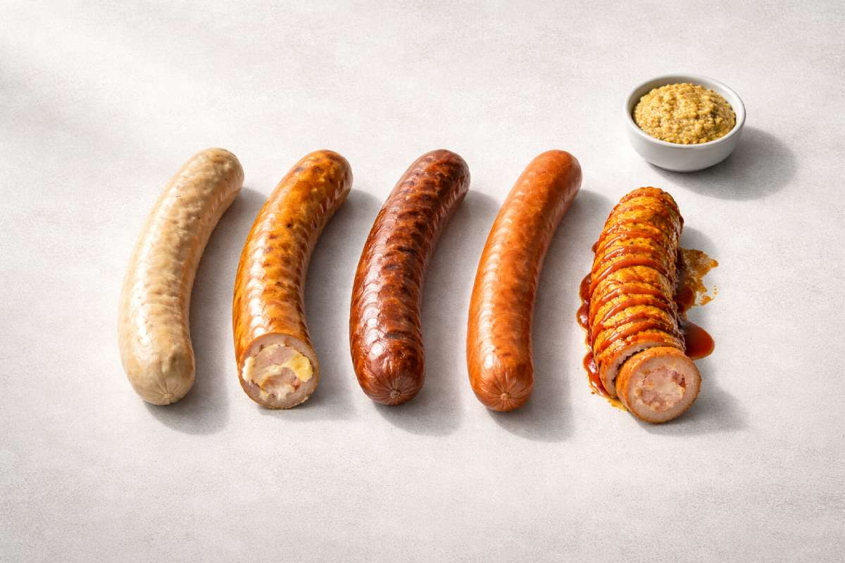 Top 5 German sausages to try in 2025 - bratwurst, Käsekrainer, Krakauer, Frankfurter and currywurst with mustard on a clean grey background.