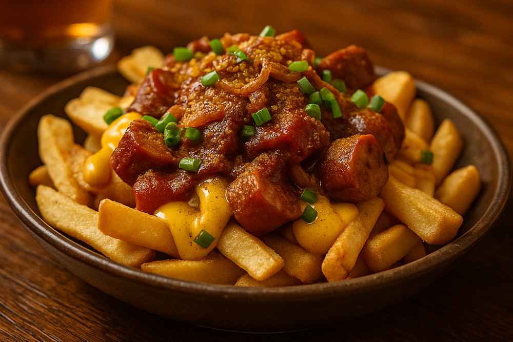 Currywurst Loaded Pub Fries topped with sliced German sausage, curry sauce and cheese sauce in a pub bowl