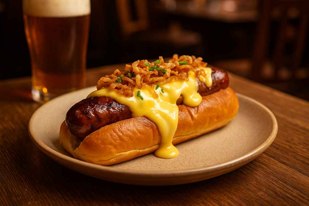 Loaded Pub Hotdog Recipe topped with rich cheese sauce and crispy onions in a pub setting
