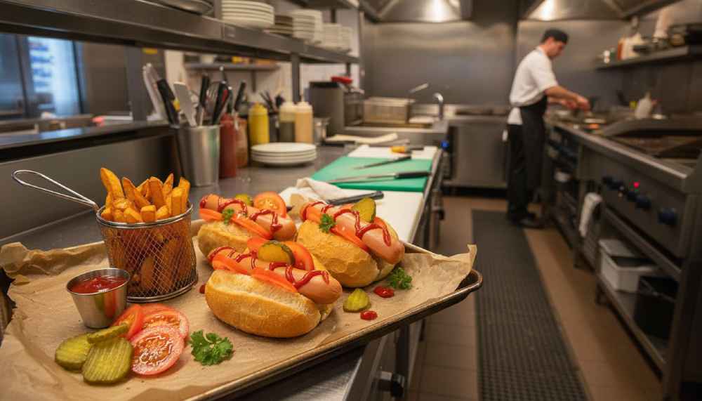 boost pub margin: hotdogs and chips plated on a tray in a professional pub kitchen